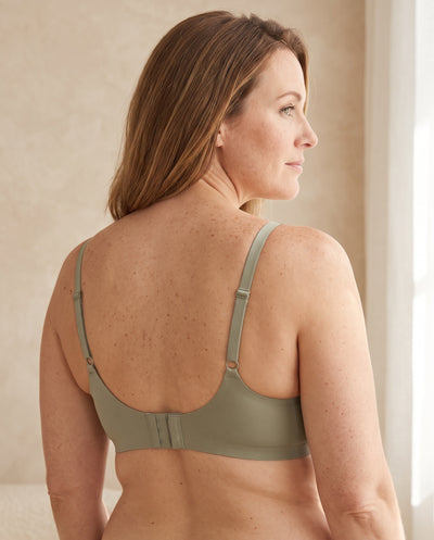 Back view with adjustable straps and hook closure, khaki