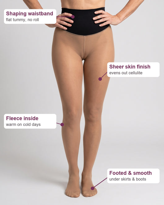 Shaping waistband, sheer skin finish, fleece inside, footed