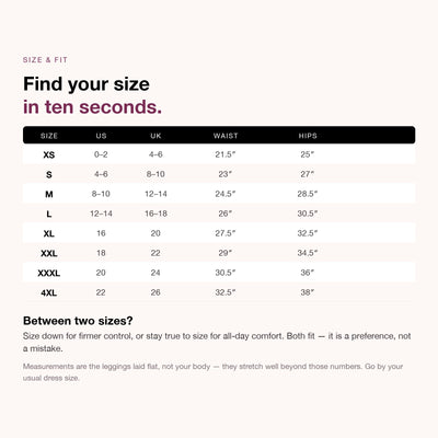 Size chart XS to 4XL with US and UK equivalents
