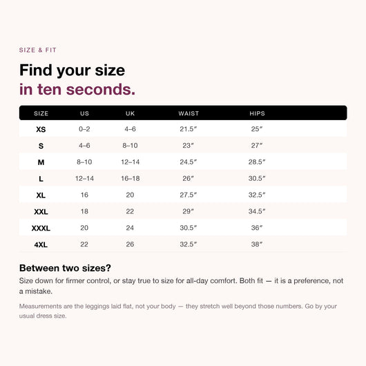 Size chart XS to 4XL with US and UK equivalents